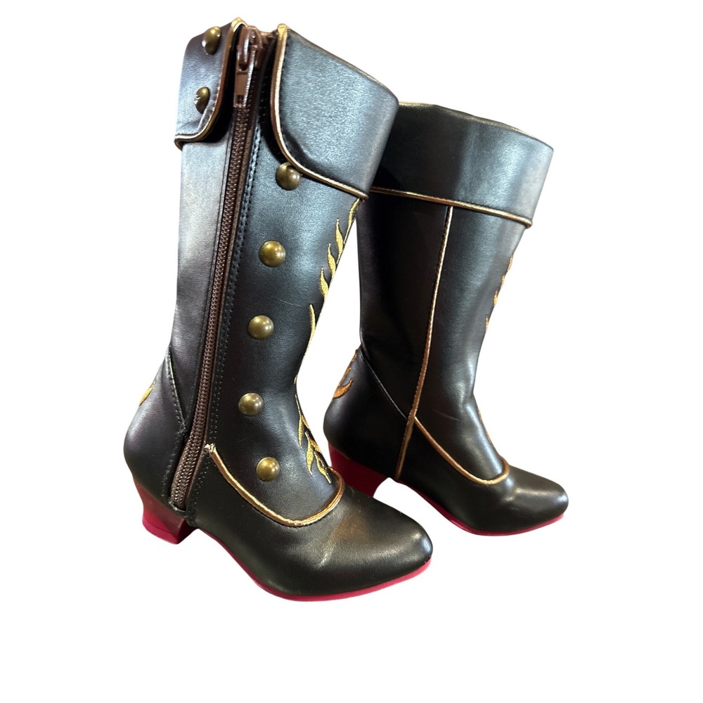 Disney Anna Frozen 2 Black Gold Embroidery Studs Boots Kids 7-8 Great Condition - Picture 2 of 7